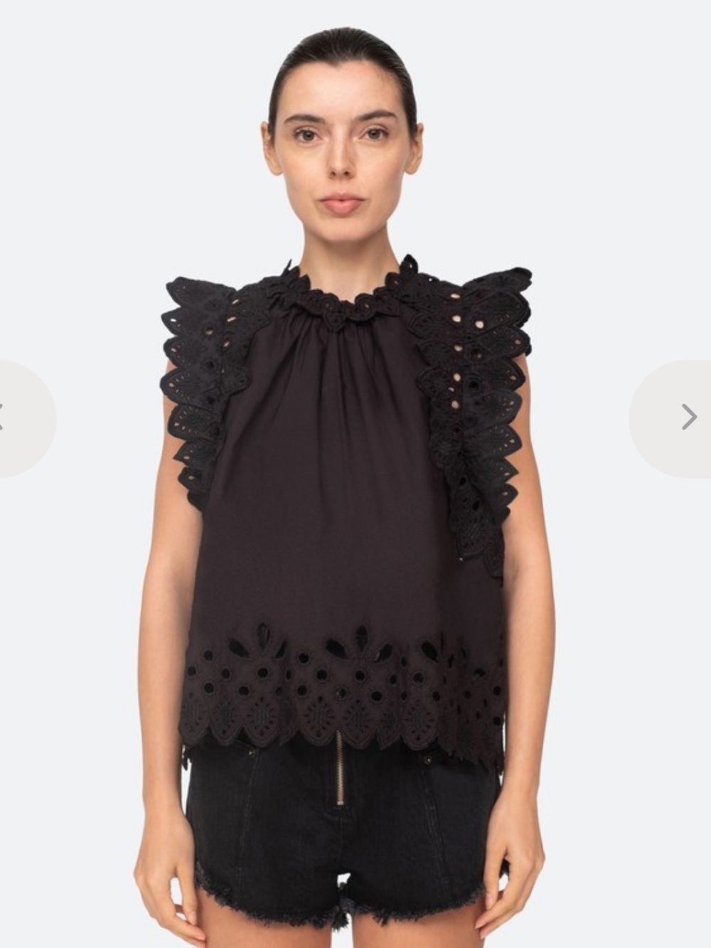 SEA Hazel Eyelet Flutter Sleeve Top in Black XXS